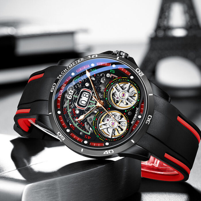 Herrenwache Doppelte Watch Automatic Hollow Machine Watch Silikongürtel Abschnitt Herren -Wasserprogramm – Bild 3