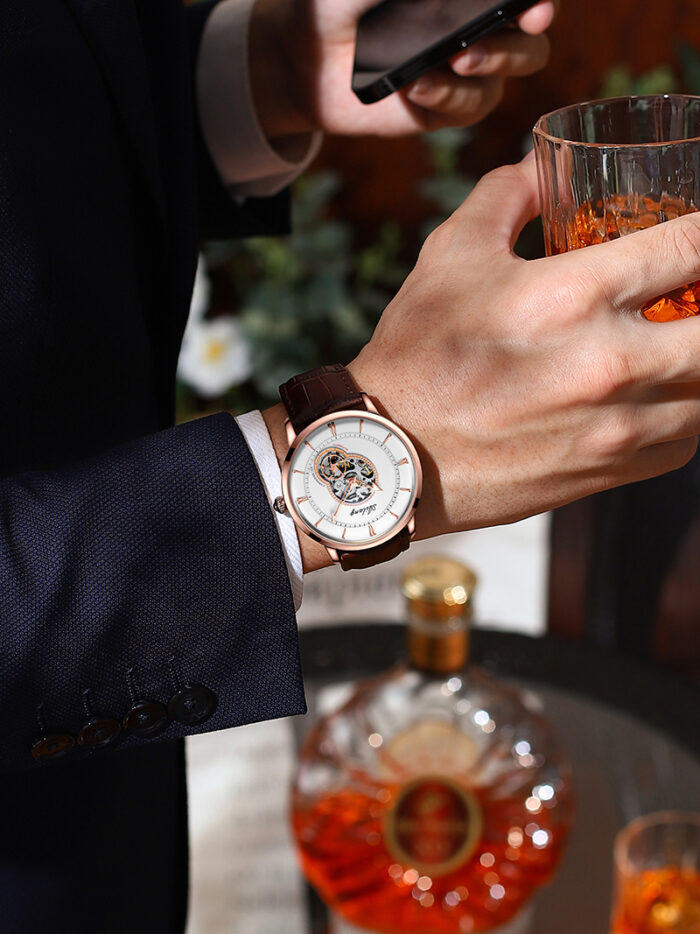 Herrenuhr Automatische Armbanduhr Lederband Sport Uhr Dünne Skelett – Bild 2