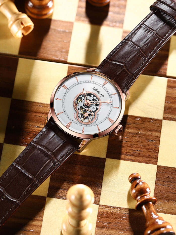 Herrenuhr Automatische Armbanduhr Lederband Sport Uhr Dünne Skelett – Bild 5