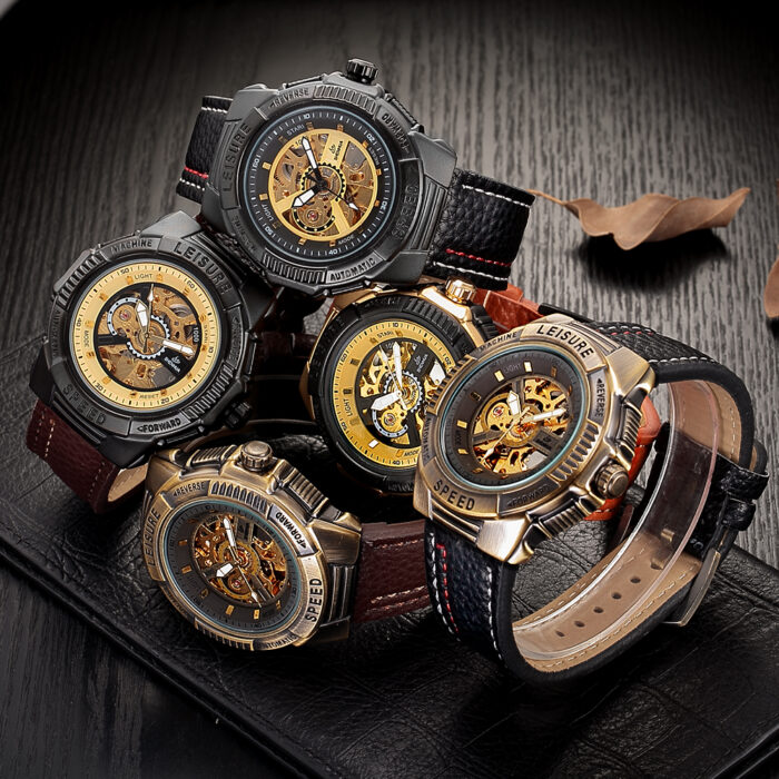 Automatische Herrenuhr Mechanische Skelett Uhr Armbanduhr Leder Band Armee Stil – Bild 5