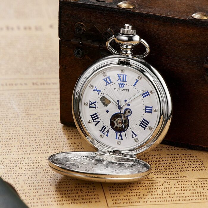 Mechanische Taschenuhr Herren Vollstahlgehäuse Taschenuhr Analog Silber Weißes Zifferblatt Vintage Male Clock – Bild 2