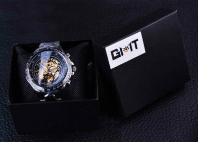 Luxuriöse Edelstahl-Uhr mit Skelett-Zifferblatt, goldenem Uhrwerk und automatischem Aufzug – Bild 6