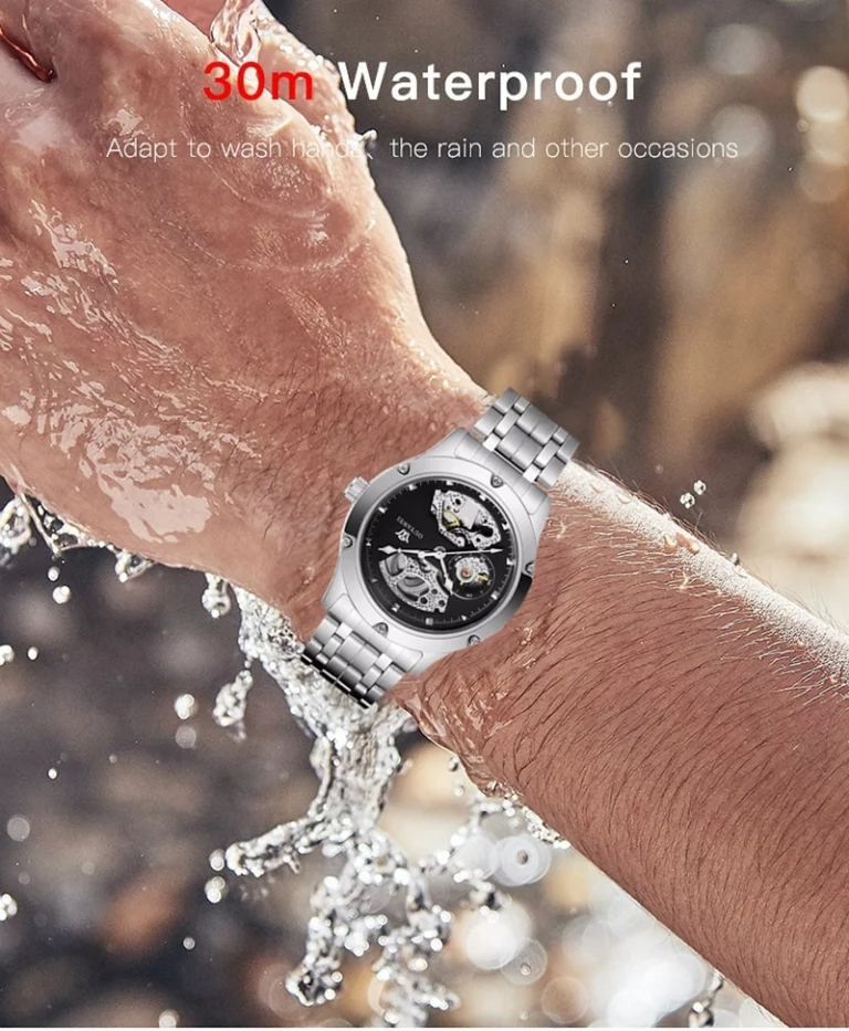 Mechanische Uhr Herren Automatik Schwarz Mode Skelett Stahl Uhren für Herren Klassische Uhren – Bild 2