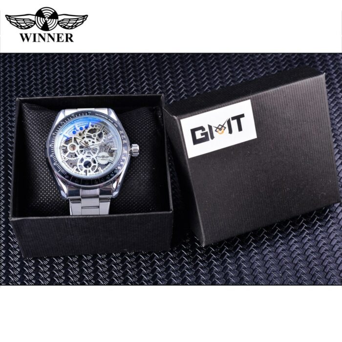 Herrenuhr Steampunk Skelettdesign Silber Edelstahl Automatik Leuchtzeiger – Bild 6