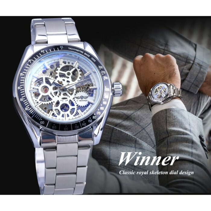 Herrenuhr Steampunk Skelettdesign Silber Edelstahl Automatik Leuchtzeiger – Bild 3