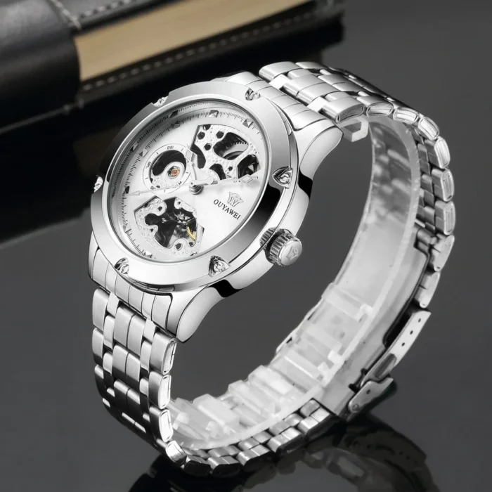 Mechanische Uhr Herren Automatik Schwarz Mode Skelett Stahl Uhren für Herren Klassische Uhren – Bild 4