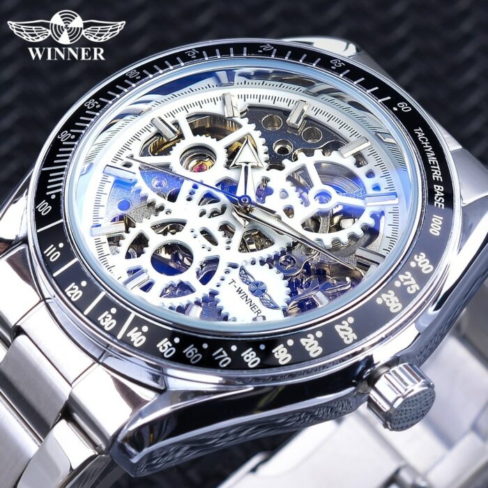 Herrenuhr Steampunk Skelettdesign Silber Edelstahl Automatik Leuchtzeiger – Bild 1