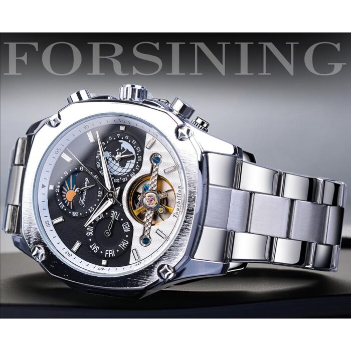 Herrenuhr Automatikuhr mit Mondphase Datum quadratisches Gehäuse aus Edelstahl – Bild 2