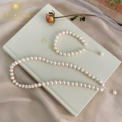 ASHIQI Schmuckset mit echten Süßwasserperlen aus 925 Sterling Silber - Halskette und Armband für Frauen