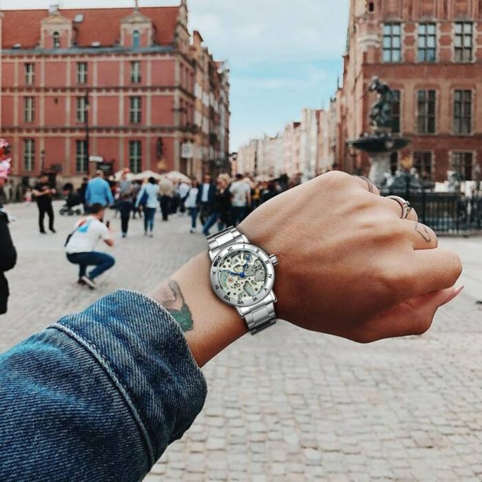 Luxus Damenuhr: WINNER Skelettuhr Mechanisch Silber, Elegante Business Uhr mit Stahlband – Bild 4