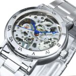 Luxus Damenuhr: WINNER Skelettuhr Mechanisch Silber, Elegante Business Uhr mit Stahlband