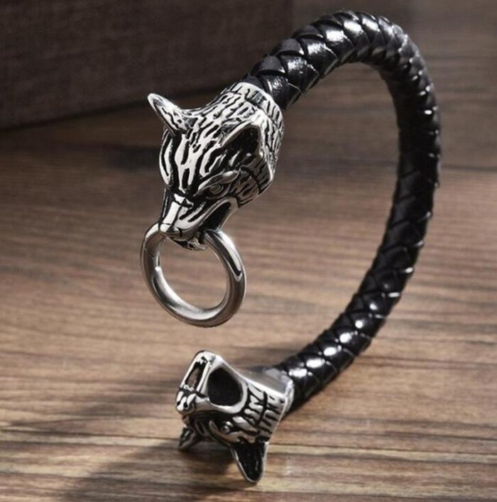 Viking Wolf Head Bracelet Leather Rope Chain Double Wolf Head Bite Ring Bracelet for Men Amulet Viking Jewelry Gift – Bild 3