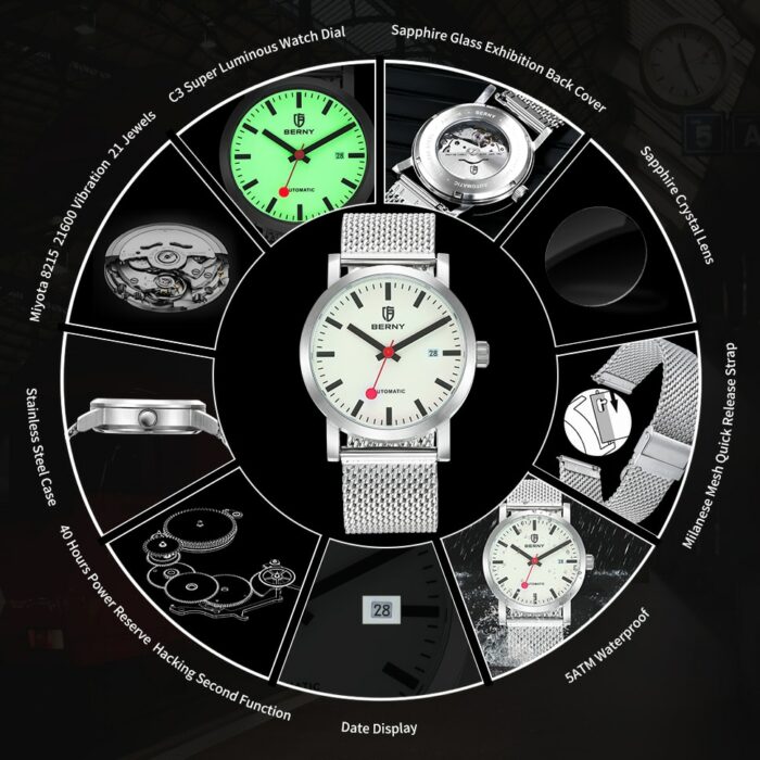 1199146150-1.jpg BERNY Herren Uhr MIYOTA 8215 Mechanisch Stahl Selbstaufzug Luminous | Luxusuhr Wasserdicht – Bild 3