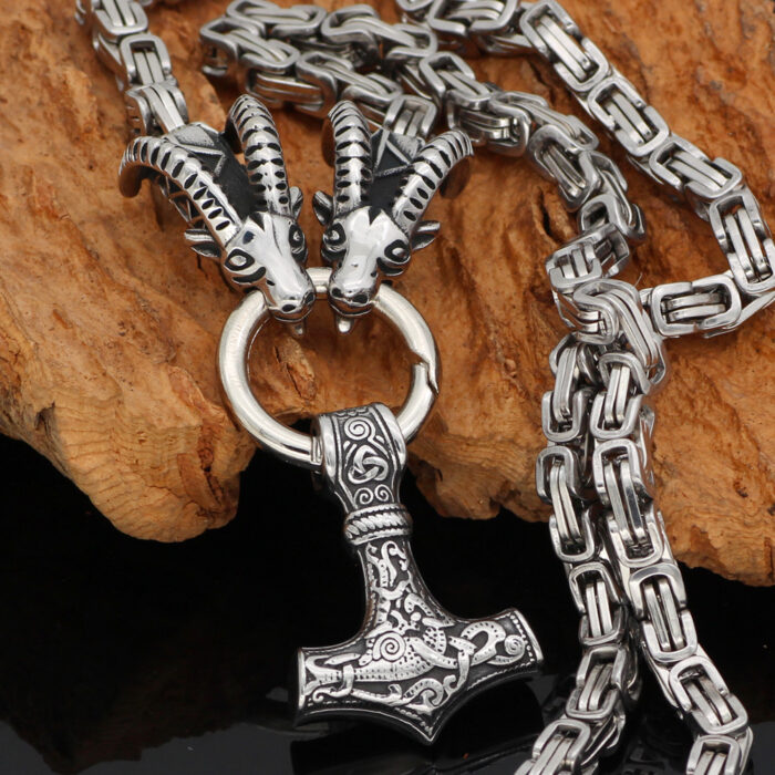 Stainless Steel Valknut Amulett mit Mjölnir Hammer Anhänger an Nordic Thor Ziegenkette - Königskette mit Geschenktasche – Bild 2