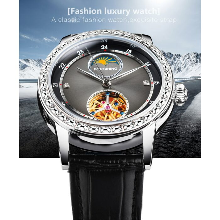 12848907-1.jpg Forsining Fashion: Elegante Automatikuhr mit Kristall Lünette, Laser-Black-Design und wasserdichtem Genuine-Leather-Band" – Bild 2