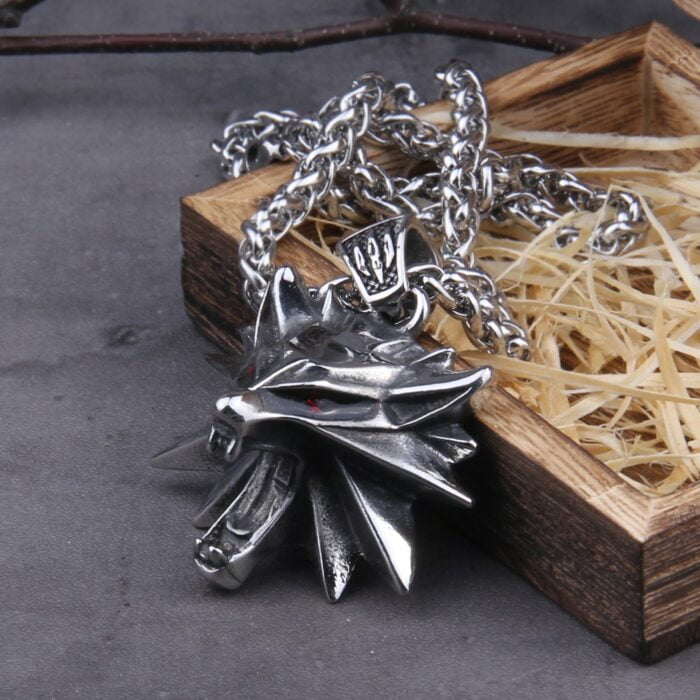 Stainless Steel TheWitcher jewelry Wizard 3 Wild Hunt Game pendant necklace Geralt wolf head necklace with wooden box – Bild 3