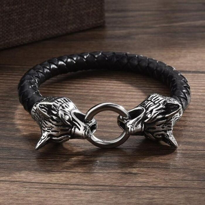 1412371477-1.jpg Viking Wolf Head Bracelet Leather Rope Chain Double Wolf Head Bite Ring Bracelet for Men Amulet Viking Jewelry Gift – Bild 1