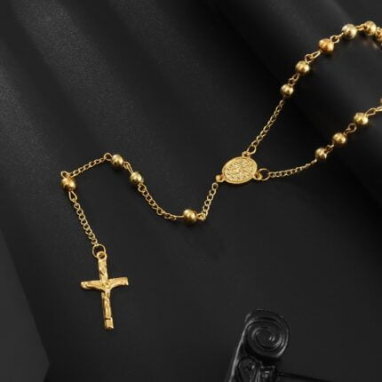 Gold Color Fashion Cross Rosary Pendant Necklace Jesus Beads Cross Hip Hop Necklace