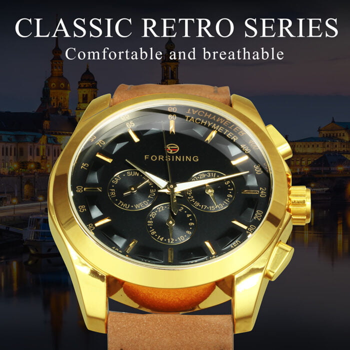 Forsining Wasserdichte automatische mechanische Uhr für Herren Lederarmband Luxus Sport Herren Armbanduhren – Bild 2