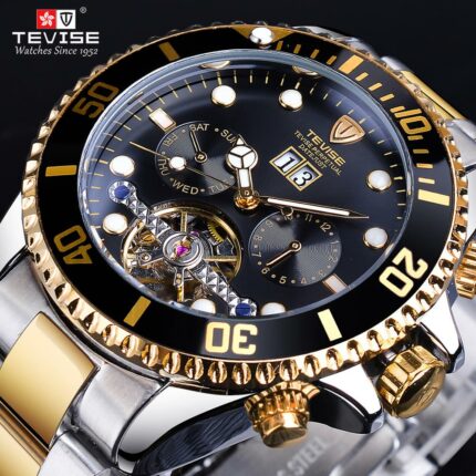 TEVISE Design Black Golden Waterproof Calendar Display Mens Automatic Sport Wrist Watch Top Brand Luxury Male Clock