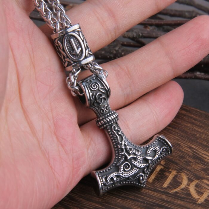 Norse Vikings Thor's Hammer Mjolnir Scandinavian Rune Amulet Necklace Stainless Steel Chain Vegvisir Anchor Pendant Male Jewelry – Bild 4