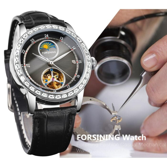 1858160193-1.jpg Forsining Fashion: Elegante Automatikuhr mit Kristall Lünette, Laser-Black-Design und wasserdichtem Genuine-Leather-Band" – Bild 3