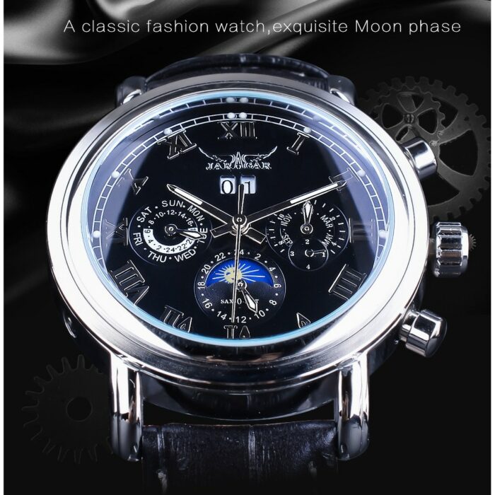 Jaragar Classic Black Moon Phase Roman Date Day Genuine Leather Multifunction Automatic Mens Mechanical Watches Business Relogio – Bild 2