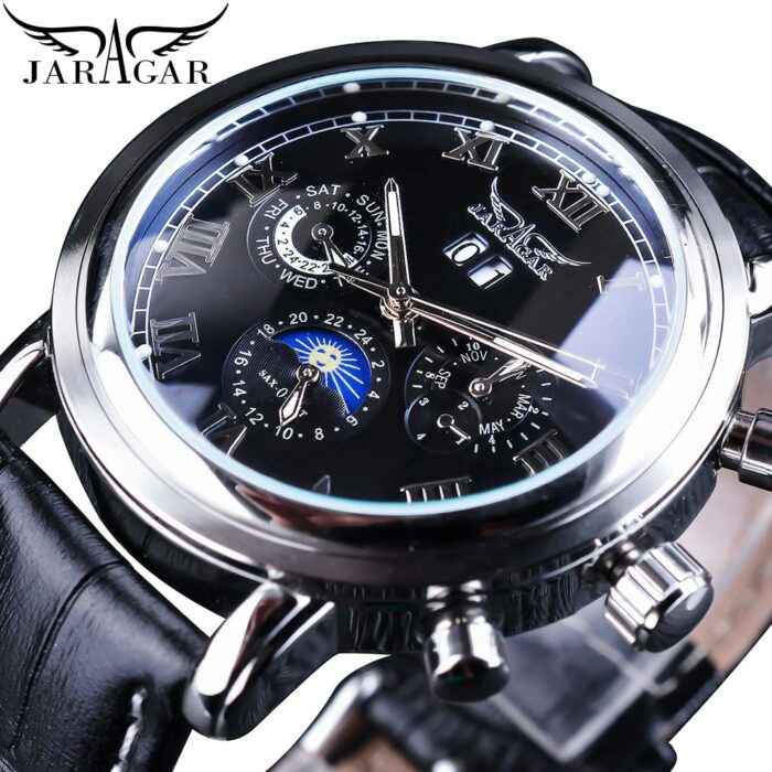 2004186062-1.jpg Jaragar Classic Black Moon Phase Roman Date Day Genuine Leather Multifunction Automatic Mens Mechanical Watches Business Relogio – Bild 1