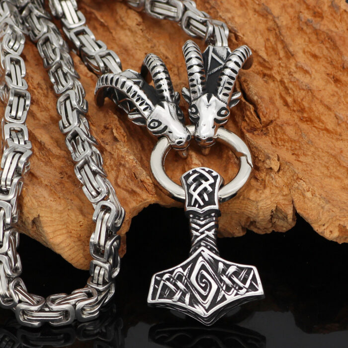 Stainless Steel Valknut Amulett mit Mjölnir Hammer Anhänger an Nordic Thor Ziegenkette - Königskette mit Geschenktasche – Bild 3