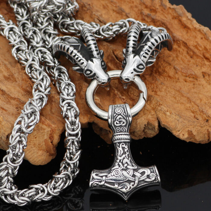 Stainless Steel Valknut Amulett mit Mjölnir Hammer Anhänger an Nordic Thor Ziegenkette - Königskette mit Geschenktasche – Bild 4