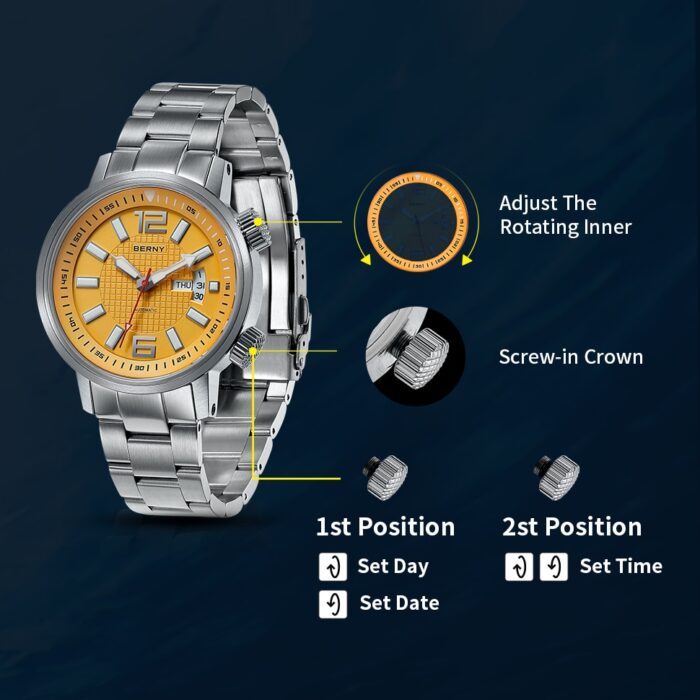 Berny Automatik Mechanische Uhr Herren Sport Leuchtend Saphir Wasserdicht Armbanduhr Selbstaufzug – Bild 5