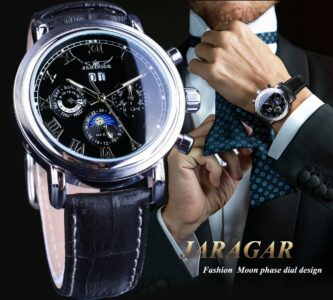 Jaragar Classic Black Moon Phase Roman Date Day Genuine Leather Multifunction Automatic Mens Mechanical Watches Business Relogio – Bild 3