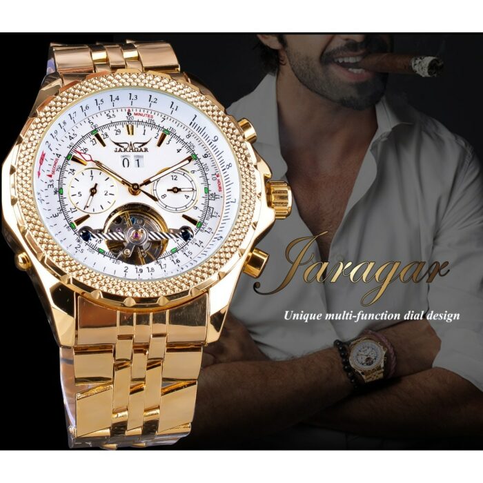 610384102-1.jpg Jaragar Men's Golden Automatic Self-Wind Watch Big Dial Calendar Function Relogio Masculino Mechanical Watches Steel Strap Clock – Bild 3
