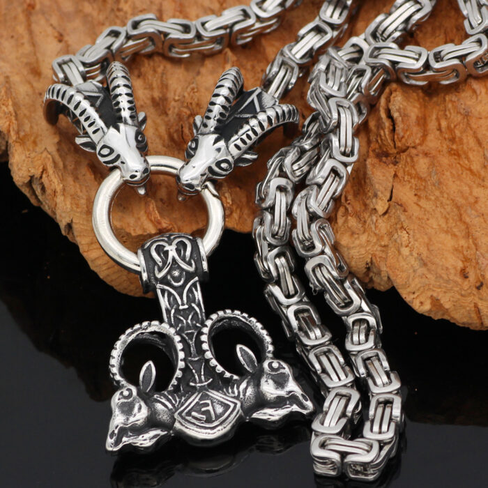 Stainless Steel Valknut Amulett mit Mjölnir Hammer Anhänger an Nordic Thor Ziegenkette - Königskette mit Geschenktasche – Bild 5