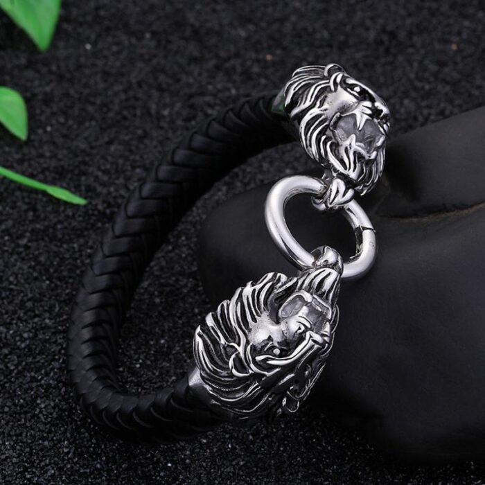 Viking Wolf Head Bracelet Leather Rope Chain Double Wolf Head Bite Ring Bracelet for Men Amulet Viking Jewelry Gift – Bild 5