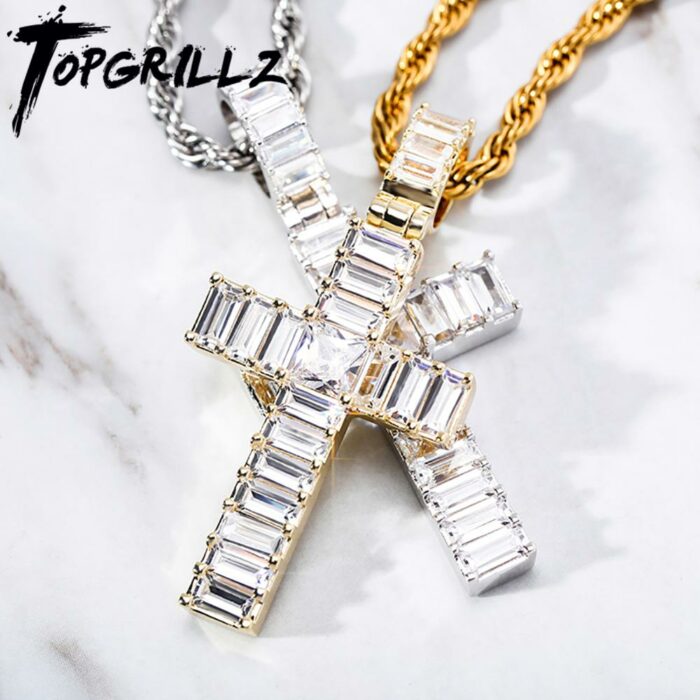 926928187-1.jpg TOPGRILLZ Hip Hop Cross Pendant With Baguette Stone Micro Pave Prong Setting Iced Cubic Zirconia Fashion Jewelry Gift Men Women – Bild 2
