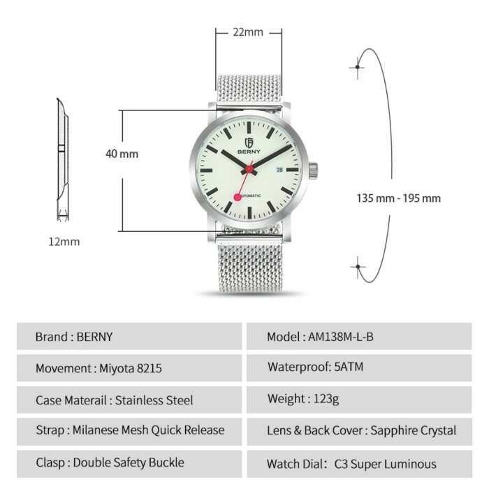 928402329-1.jpg BERNY Herren Uhr MIYOTA 8215 Mechanisch Stahl Selbstaufzug Luminous | Luxusuhr Wasserdicht – Bild 6