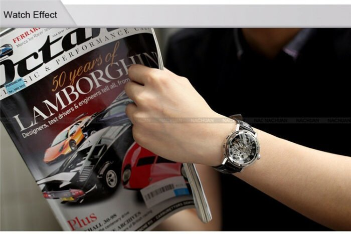 Armbanduhr Uhr Mechanisch Automatik Skelett Armband Leder Handaufzug – Bild 6