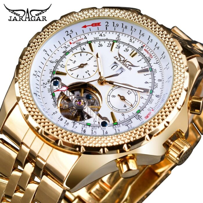 999518090-1.jpg Jaragar Men's Golden Automatic Self-Wind Watch Big Dial Calendar Function Relogio Masculino Mechanical Watches Steel Strap Clock – Bild 1
