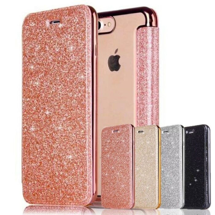 H0cad3a2d8cc64469b57f2226293639b7W.jpg iPhone Flip Wallet Clear Back Soft TPU Bling Glitter Case Cover – Bild 1