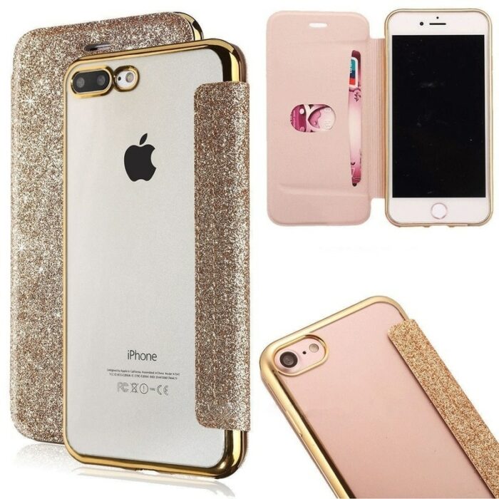 iPhone Flip Wallet Clear Back Soft TPU Bling Glitter Case Cover – Bild 2