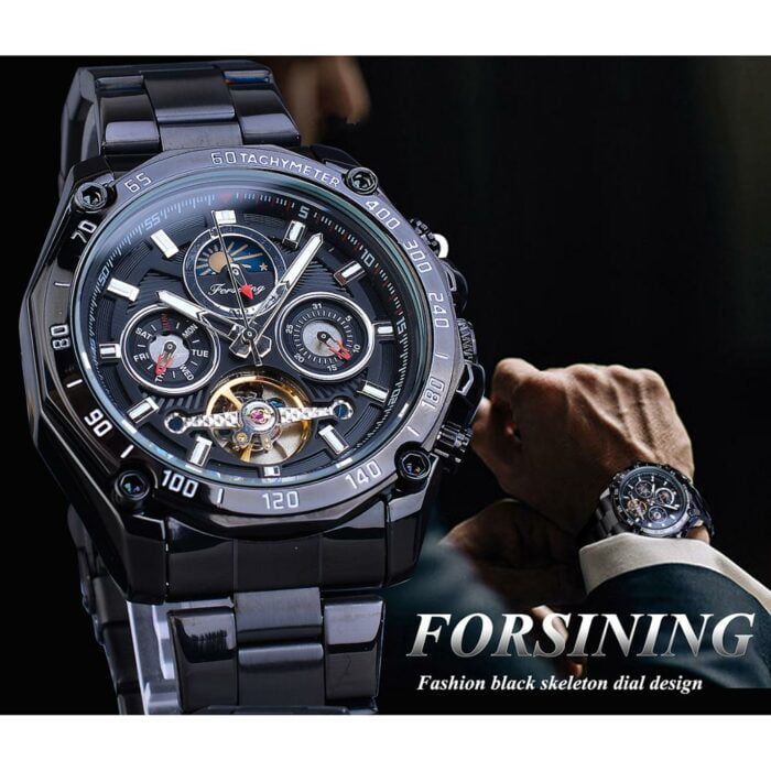 Edelstahl-Armbanduhr mit Automatikwerk, Mondphase & Datumsanzeige: Einzigartig & Stilvoll – Bild 4