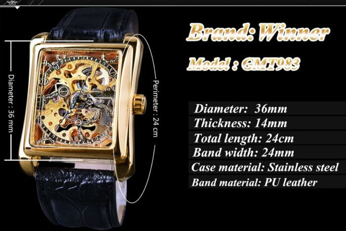 Gewinner Retro Casual Serie Rechteck Zifferblatt Design Goldene Muster Hohl Skeleton Uhr Männer Uhr Marke Luxus Mechanische – Bild 3