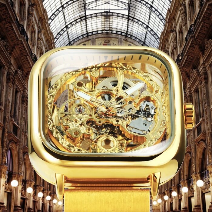 Armbanduhr Uhren Herren Automatische Mechanische Uhr Gold Transparent Mesh Stahl Skelett – Bild 3