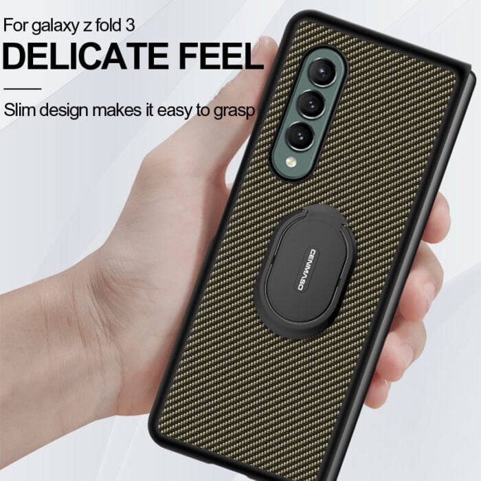 H76eecc674c3f4e28a386d30b899a71abf.jpg Case for Samsung Z Fold 3 Ring Holder carbon fiber pattern bracket protective shell – Bild 6