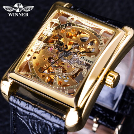 Gewinner Retro Casual Serie Rechteck Zifferblatt Design Goldene Muster Hohl Skeleton Uhr Männer Uhr Marke Luxus Mechanische