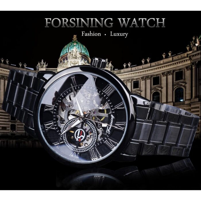 Forsining 3D Hohlgravur Vollschwarze Uhr Leuchtzeiger Herren Mechanische Uhren Top-Marke Luxus Schwarz Edelstahl – Bild 2