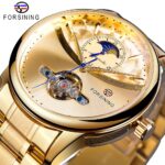 Forsining Automatik Herrenuhr Klassische Goldene Herrenuhr Mondphase Mechanische Edelstahlband Armbanduhr
