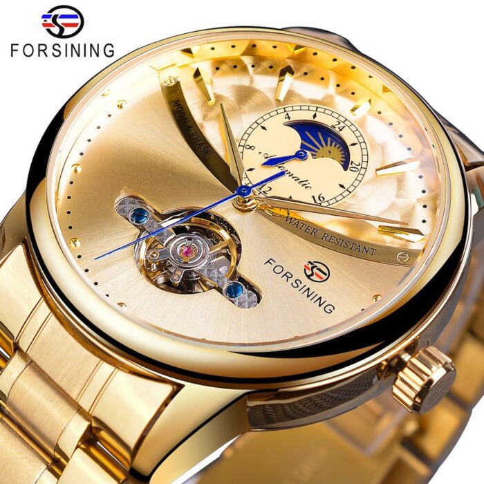 Forsining Automatik Herrenuhr Klassische Goldene Herrenuhr Mondphase Mechanische Edelstahlband Armbanduhr – Bild 1