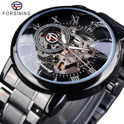Forsining 3D Hohlgravur Vollschwarze Uhr Leuchtzeiger Herren Mechanische Uhren Top-Marke Luxus Schwarz Edelstahl